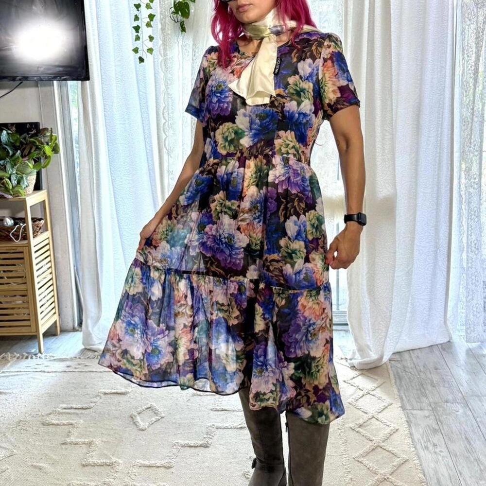 🌸 Cottagecore Sheer Floral Vintage Midi Dress – Ruffle Hem (L/XL)